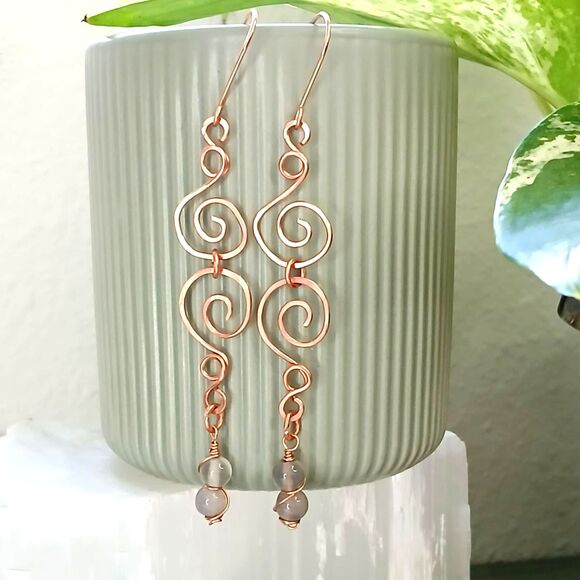 Long Boho Chic Agate Crystal Dangle Earrings, Hammered Copper Gemstone Jewlery - Picture 5 of 7